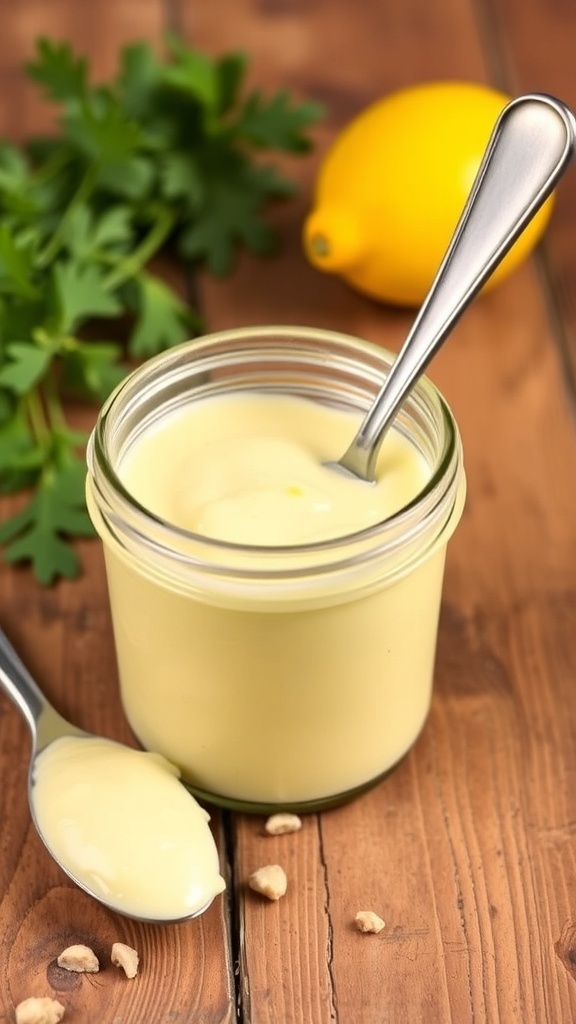 A jar of creamy homemade mayo on a wooden table with herbs and a lemon.